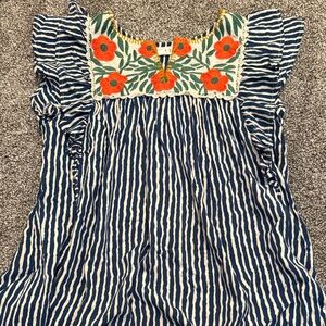 THML Blue and White Striped Top with Floral Embroidery